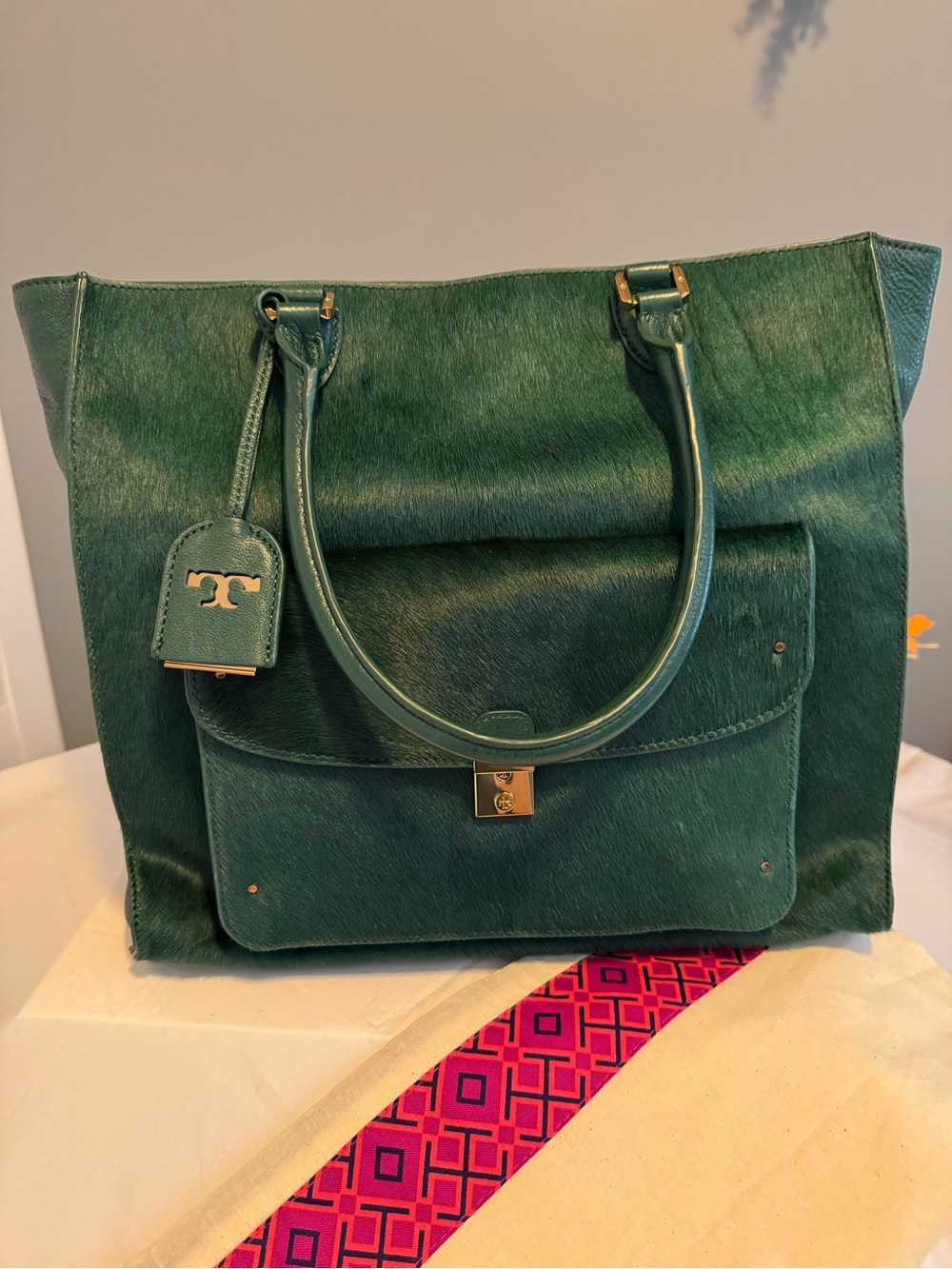 Tory Burch Priscilla Emerald Green Calf Hair Leather Tote